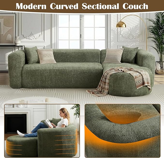 110 Inch Boneless Couches for Living Room Modern Modular Sectional Curved Sofa with Chaise Minimalist L-Shape Cloud Sectional Couch No Assembly Required (Green Right-Facing Chaise)
