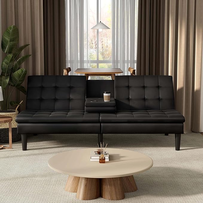 Furniture of America Fallein Modern Contemporary Wood 71.5-inch Futon Sofa Bed with Drop-Down Table Cup Holders USB-A Charger Biscuit Tufting for Bedroom Guest Room Black