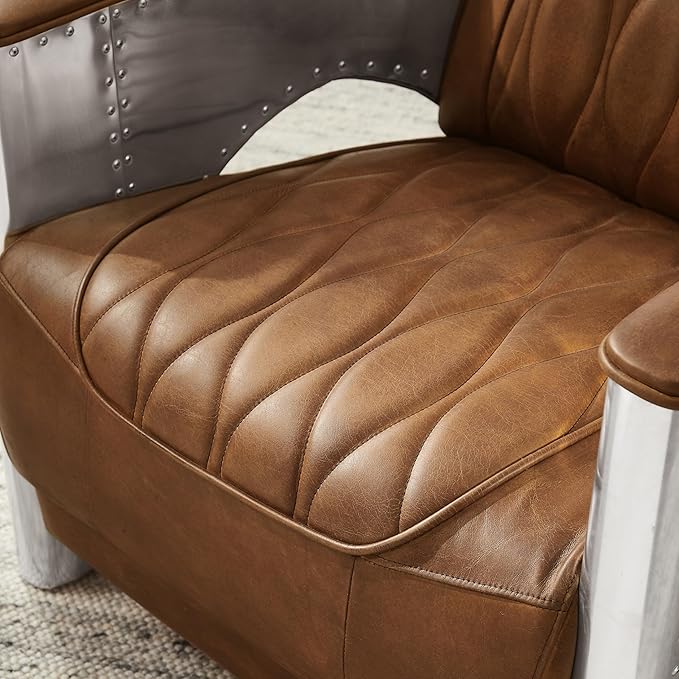 Zouron Genuine Leather Accent Chair Upholstered Aviator Chair with Aluminum Legs Vintage Leather Single Sofa Barrel Chairs Cognac