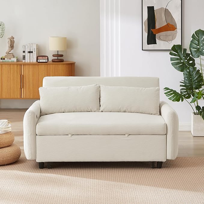 Modern 57.48 Pull-Out Sofa Bed 2 Seater Loveseats Sofa Futon Couch with Adjustable Backrest Convertible Couch Sleeper Sofa with Two Throw Pillows for Living Room (BeigeCorduroy Fabric)
