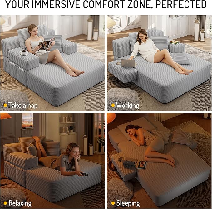 Chaise Lounge Chair Indoor Corduroy Upholstered Boneless Sofa Bed with 3 Pillows &amp Foldable Armrest Oversized Deep Seat Cloud Reading Chairs Sleeper Couches for Living Room Grey