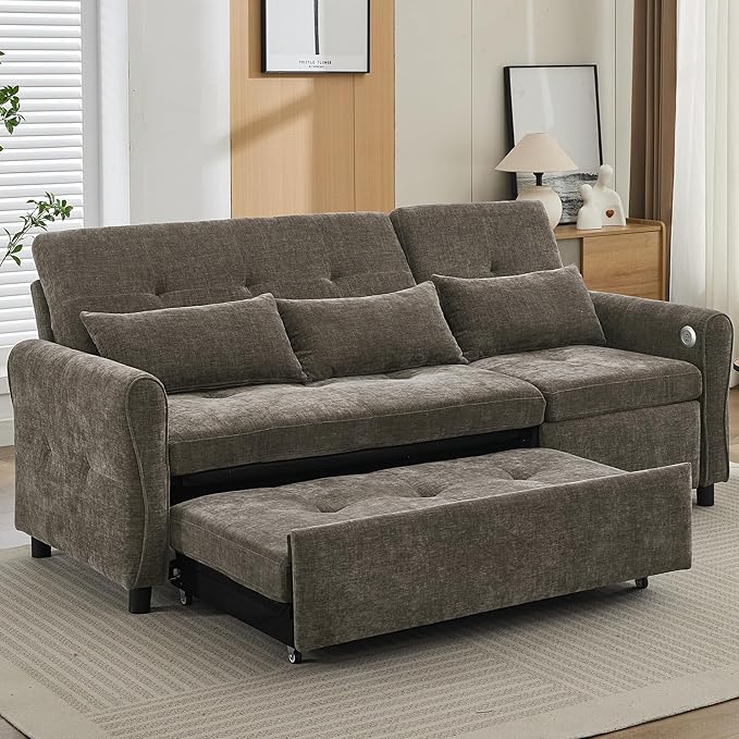 ERYE L-Shaped Reversible Recliner Sectional Sofa Chenille Upholstered Pull Out Convertible Sofabed with Pull Out Sleeper Couch Bed and Recliner Chaise Lounge and USB-C Ports
