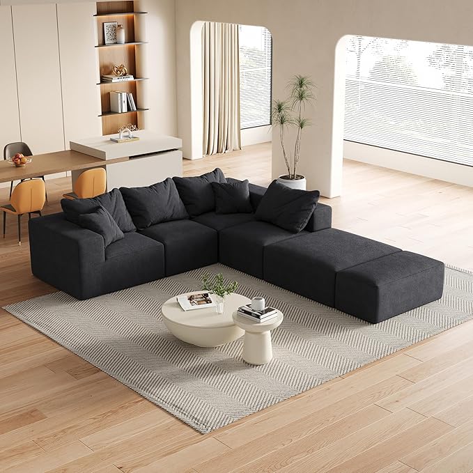 KEIKI 132 Boneless Sofa with Ottoman L Shaped Corner Couch Upholstered Corduroy Free Combination Sectional Couch for Living Room Bedroom Black