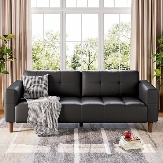 3-Seater Sofa Couch 83 in Wide Faux Leather Sofa Couch with Spring Cushion Modern Sofa with Deep Seats and 2 Removable Back Cushions for Living Room Bedroom Apartment Black