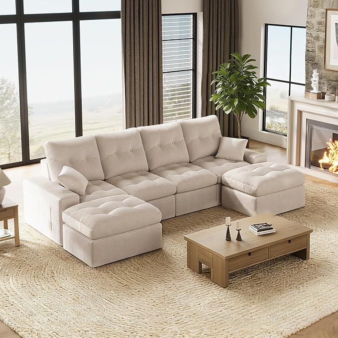 High Back Boneless Couch with 2-Pack Pillow Blankets U Shaped Modular Sectional Sofa with Ottoman Soft Corduroy Cloud Couch Tall Couches for Living Room No Assembly Warm White V2.0