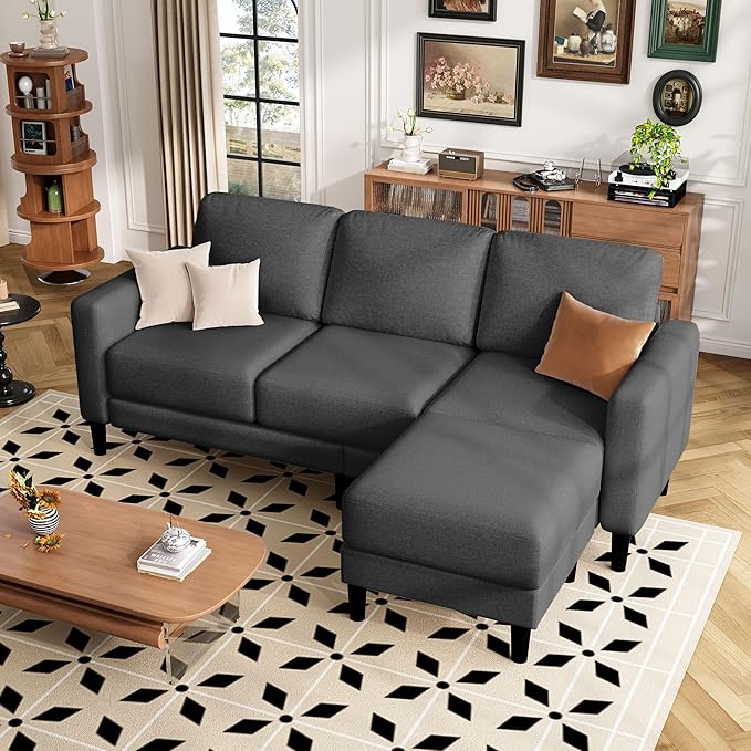 ZeeFu 73 Sectional Sofa Couch for Living Room L Shaped Couch with Extra Thick Deep Seat Cushions 3 Seater Convertible Sofa with Movable Ottoman for Small Apartment 650lbs Heavy Duty (Dark Grey)