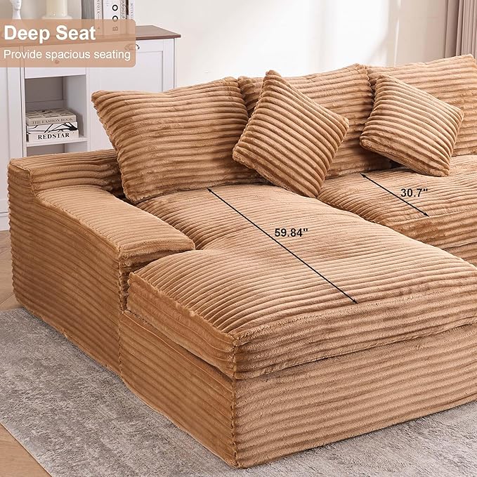 98.8 Cloud L Shaped Sectional Couch with Deep Seat Modern Boneless Compressed Sofa with Chaise 4 Seat Corduroy Couches for Living Room Bedroom No Assembly Required (Brown)