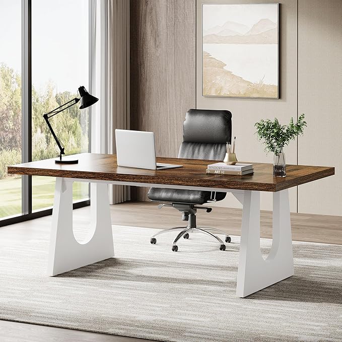 Tribesigns 70.86-Inch Executive Desk Large Computer Office Desk with Double Wood Pedestal Modern Simple Style Rectangle Writing Table for Home Office (Brown &amp White)