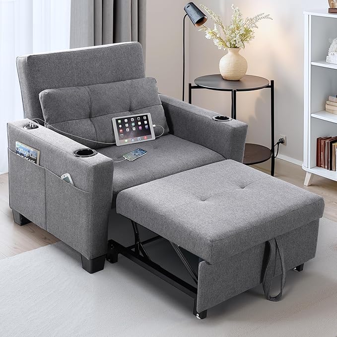 FLEXISPOT XCT2 Sleeper Chair Bed Sofa Bed Chair 3 in 1 w/USB Port Pillow Cup Holders Convertible Pull Out Bed W/Adjustable Backrest for Living Room Apartment Small Space Grey