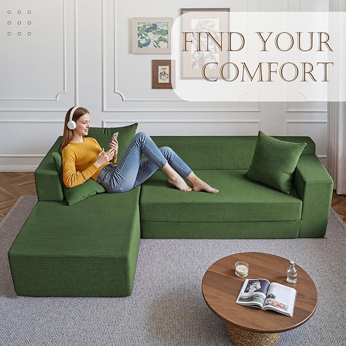 YINIX 106 Modular Sectional Sofa Modern Cloud Couch with L-Shape Chaise Upholstered Boneless Couches with Deep Seat Comfy Corduroy Sofa for Living Room Bedroom No Assembly (Green)