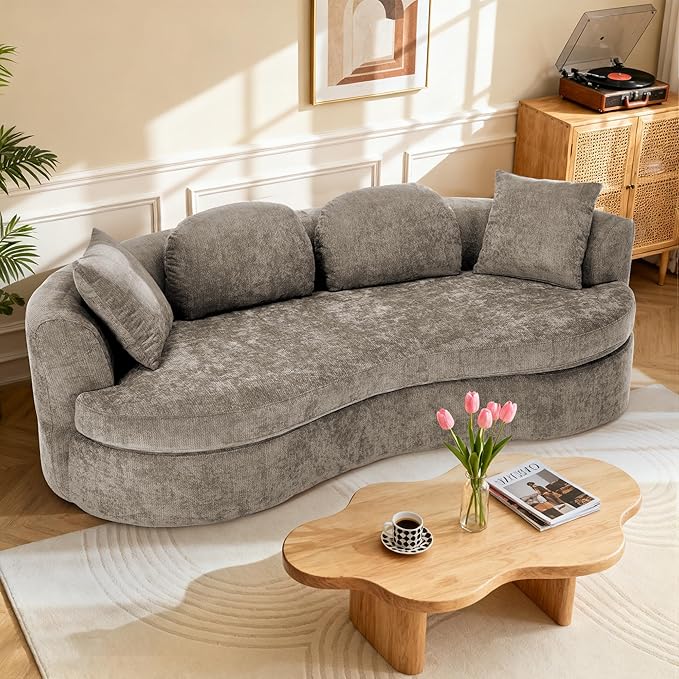 95” Modern Curved Sofa Chenille Fabric Comfy Cloud Couch No Assembly Required Half Moon Couch with Deep Seat 4 Pillows for Living Room Apartment Bedroom