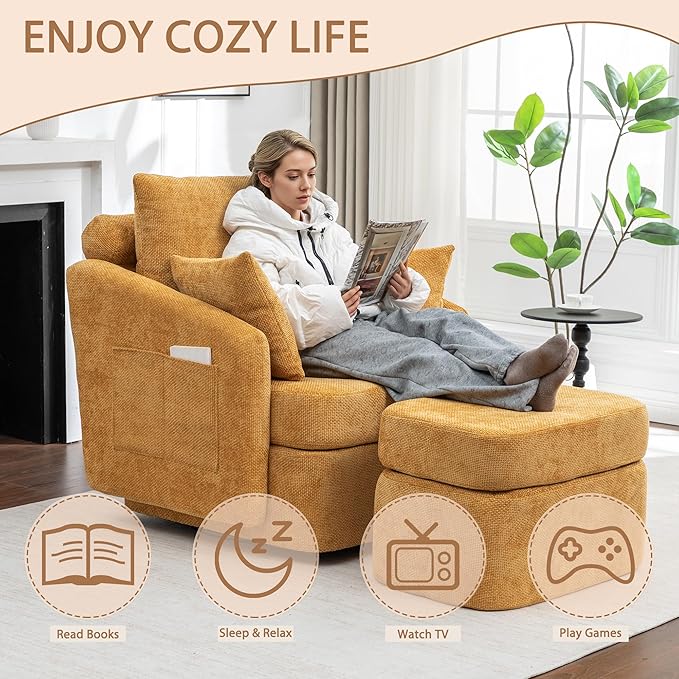 39''W Oversized Accent Chair with OttomanComfy Swivel Lounge Reading Chairs for Living RoomBedroom (Chenille Orange)
