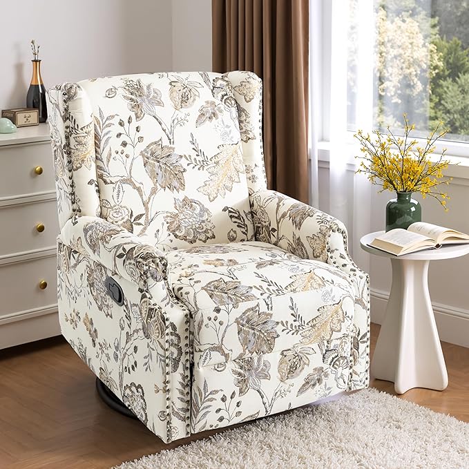 Swivel Glider Recliner Chairs Set of 2 High Back Rocker Reclining Accent Chair with Smooth Manual Mechanism for Nursery Comfortable &amp Quiet Upholstered Armchair Seating-Cream Plant