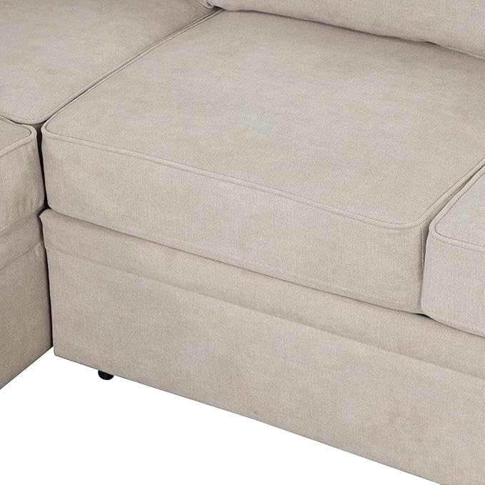 Linen L-shape Reversible Sleeper Sectional Sofa Couch with Storage Ottoman 2 in 1 Pull Out Convertible Sofa Bed with Cup Holders and USB Charging Port for Living Room Apartment Office (Beige-LI)
