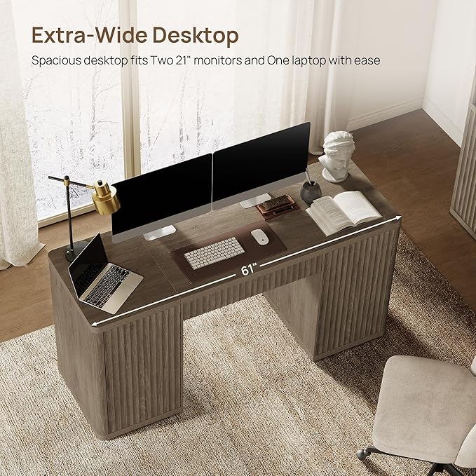 SICOTAS 61 Large Office Computer Desk with Storage Modern Home Office Desks with Drawer &amp Doors Fluted Desks Executive Desk Wooden Writing Table Vanity Table for Living Room Bedroom Grey Alder