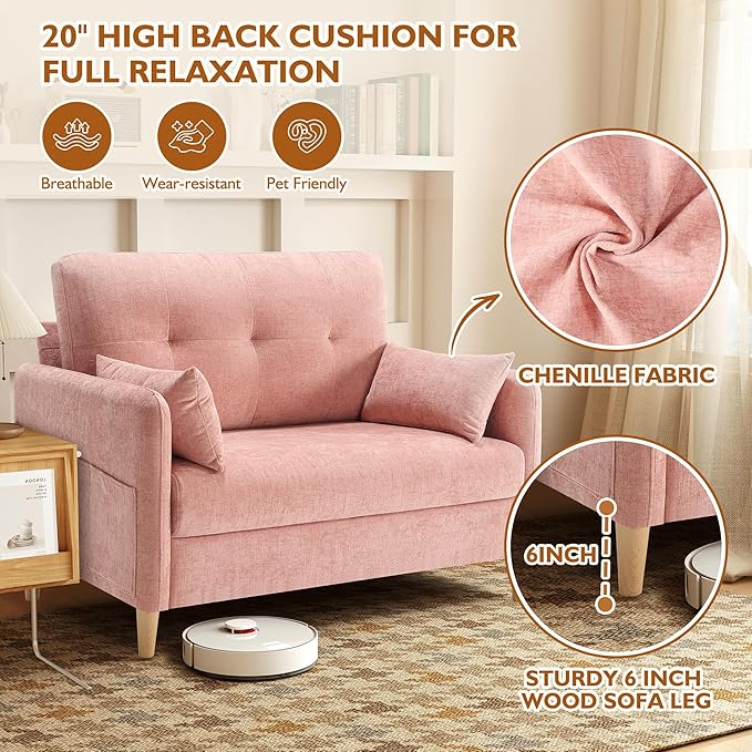47 Small Sofa Couch for Bedroom Soft Chenille loveseat Mini Couch with Throw Pillow and Removable Cushion Cover for Small Spaces Living Room Apartment Dorm Office(Pink)