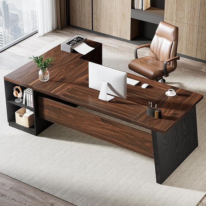 Tribesigns 78 L Shaped Executive Desk Large Office Desk with Drawers and Storage Shelves Modern Corner Computer Table Business Furniture for Home Office (Walnut &amp Brown)
