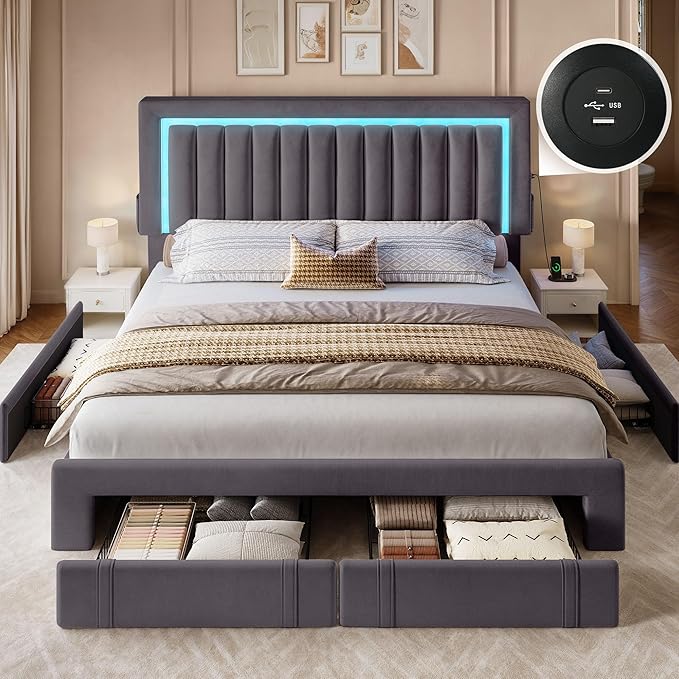 YITAHOME Queen Size Bed Frame with Adjustable Headboard 4 Storage Drawers and RGB LED Lights Velvet Upholstered Platform Bed with USB Ports No Box Spring Needed Fast Assembly Noise-Free Gray
