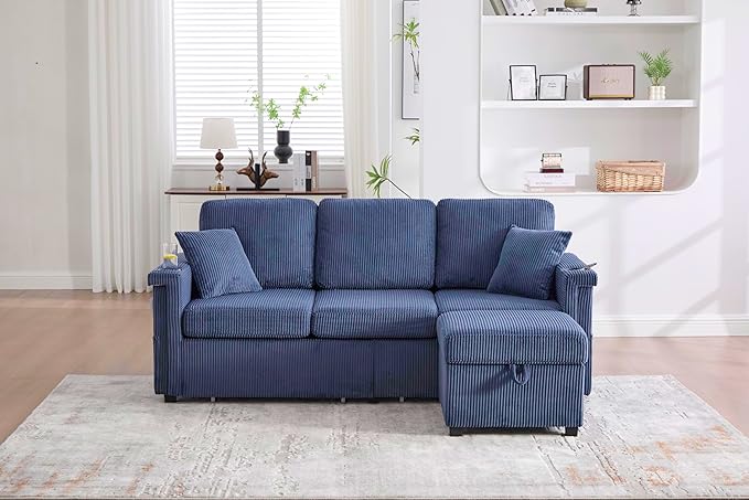 76.8 L-Shaped Sleeper Sofa with Storage Ottoman USB Ports Cup Holders&ampLED Lights Side Pockets Comfy Corduroy Modern 3-Seater Small Couch Bed for Living Room with 2 Throw Pillows (Blue)