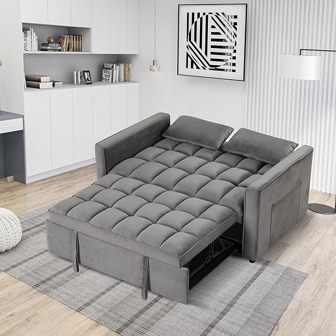 EBELLO 3 in 1 Convertible Sleeper Sofa Bed Modern Loveseat Couch Pullout Bed for Living Room Small Love Seat Lounge Sofa with Reclining Backrest Pillows and Side Storage PocketGrey