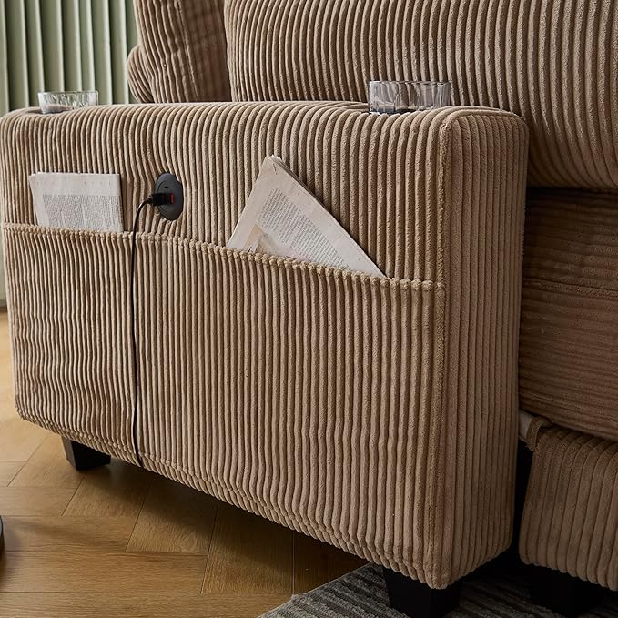 Oversized Lounge Chaise Convertible Sleeper Sofabed Corduroy Sleeper Daybed Indoor Recliner Chair Sofa Bed with Cupholders and Adjustable Headrests for Living Room Bedroom Reading Home Apartment