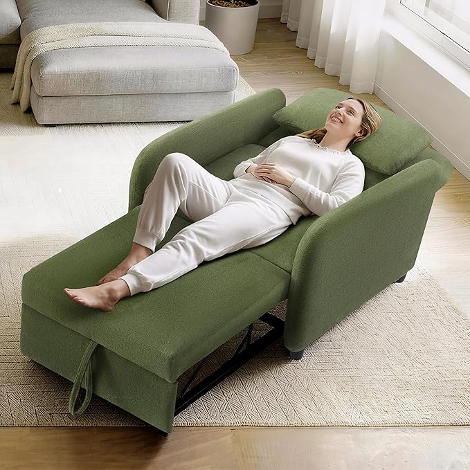 CHITA Sleeper Chair 3-in-1 Pull Out Convertible Single Sofa Bed with Adjustable Backrest Chenille Chaise Lounge Chair for Living Room Bedroom &amp Apartment Moss