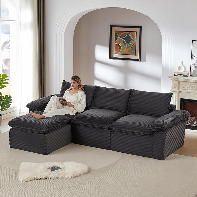 DEINPPA L Shape Modular Couch with Ottoman 4 Seat Cloud Sofa with Deep Seat for Living Room Apartment Corduroy Upholstered Comfy Couch-Dark Gray