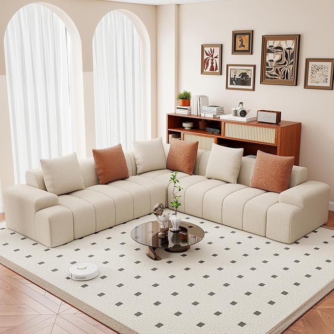 109'' L Shaped Modular Sectional Sofa Chenille Couch for Living Room Bedroom with 6 Cushions Convertible Beige