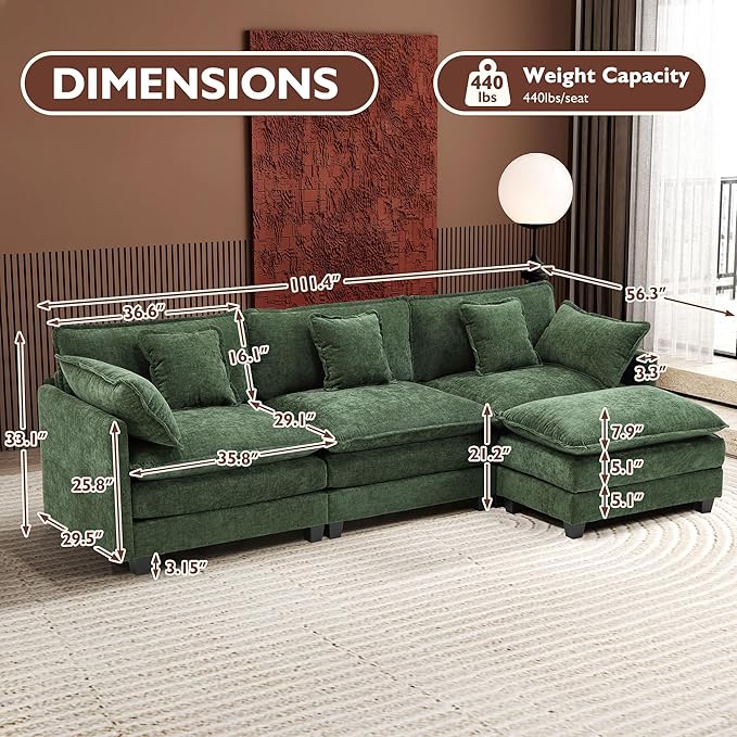 Ihanherry 111.4 L Shaped Modern Sofa Modular Sectional Cloud Couch with Ottoman 4-Seat Chenille Deep Seat Sofa with Pillow for Living Room Bedroom and Apartment Green