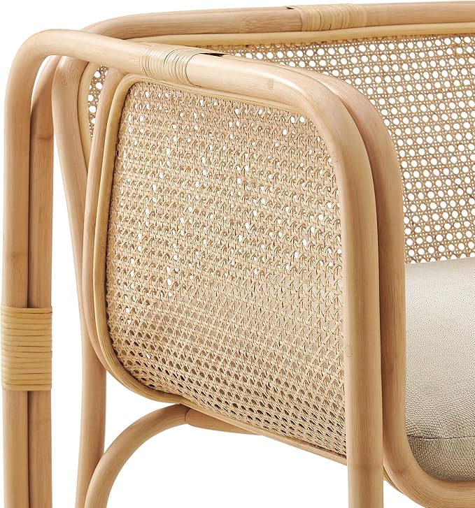 Ellis Natural Rattan Accent Armchair in Natural – Curved Low Lounge Chair with Cushioned Seat for Living Room Sunroom or Covered Patio