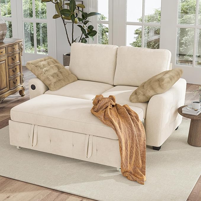 Hanherry 59 Loveseat Sofa with Pull Out Couch Bed Chenille 2-in-1 Convertible 2 Seater Sleeper Sofa with USB ChargingComfy Love Seat for Small Spaces Living Room Apartment