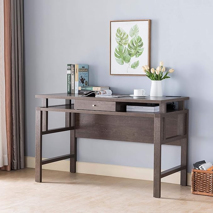 Home Office Desk Writing Desk with Storage Drawer USBPower Outlet in Walnut Oak
