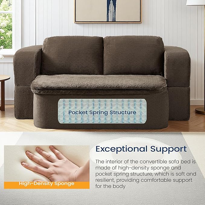 74.8 Inch Convertible Sleeper Sofa Bed Compressed Loveseat Sofa Folding Floor Mattress with Pillows and Blanket Small Couches for Living Room Bedroom Lounge No Assembly Required (Dark Brown)