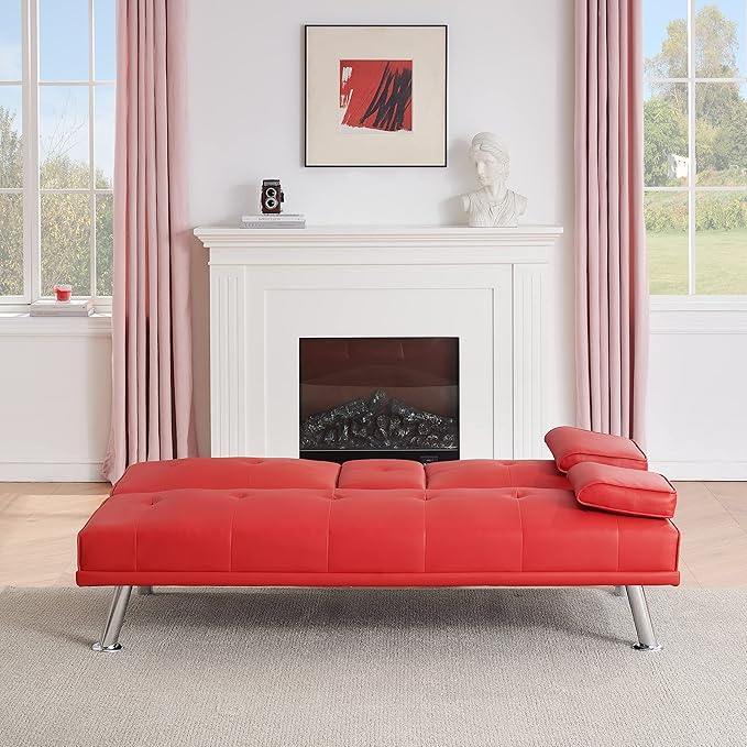 KEIKI 67 Leather Folding Futon Sofa w/Cup Holder &amp Adjustable Backrest Mid Century Modern Couch Loveseat Convertible to Sleeper Bed Comfy Cloud Couch SofaBed for Living Room &amp Bedroom Red