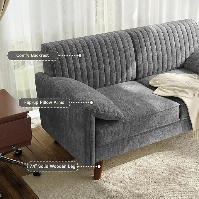 ONBRILL 64.5 Loveseat Sofa Chenille Loveseat Couch for Living Room 23.2 Deep Seat Love Seat with Padded Arms Comfy Modern Small Couches for Bedroom Small Spaces Dorms Office Grey