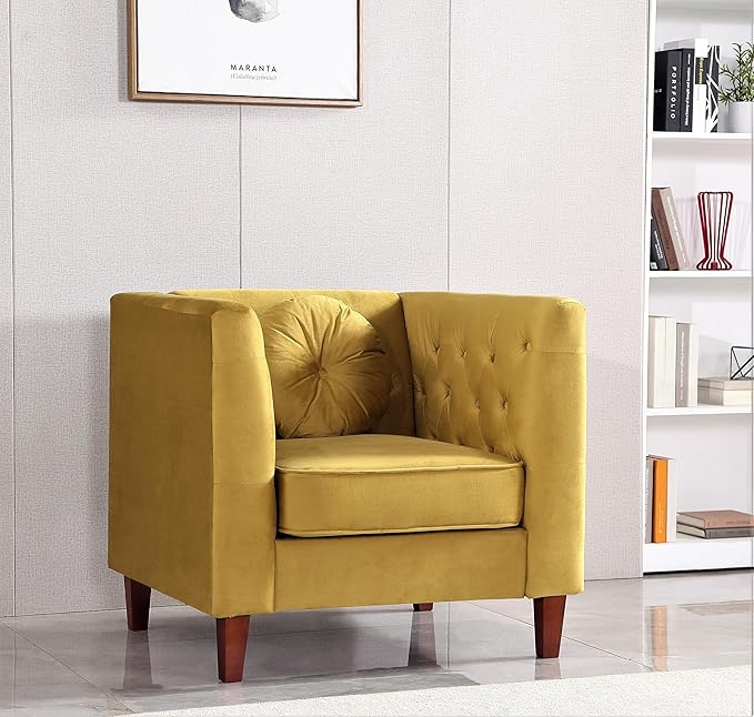 Kittleson Classic Chesterfield Velvet Accent Chair with Elegant Button Tufted Backrest Square Legs High-Density Foam &amp Accent Pillows Arm Chair for Living Room Chair Yellow/Green