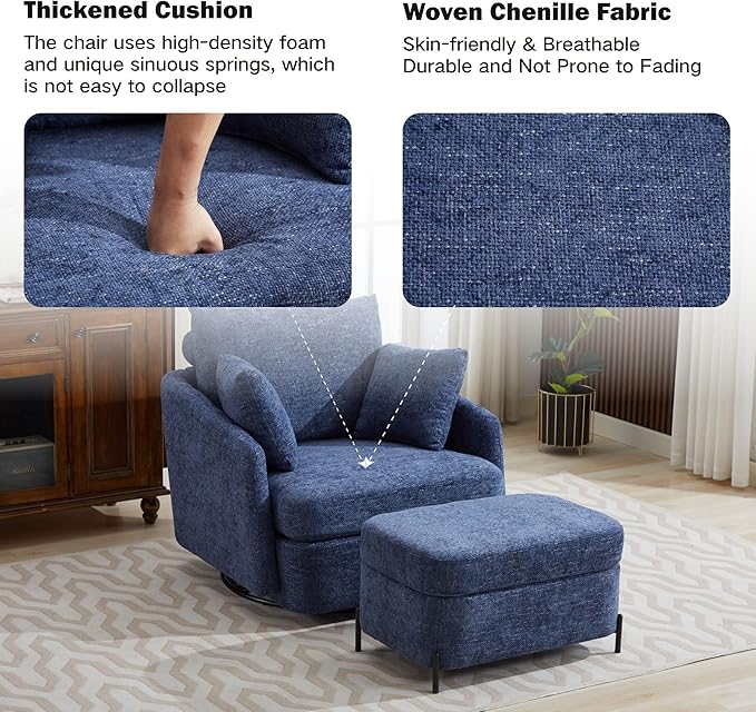 Chifee &amp Vingol 40.6 Oversized Swivel Accent Chair with OttomanChenilleNavy