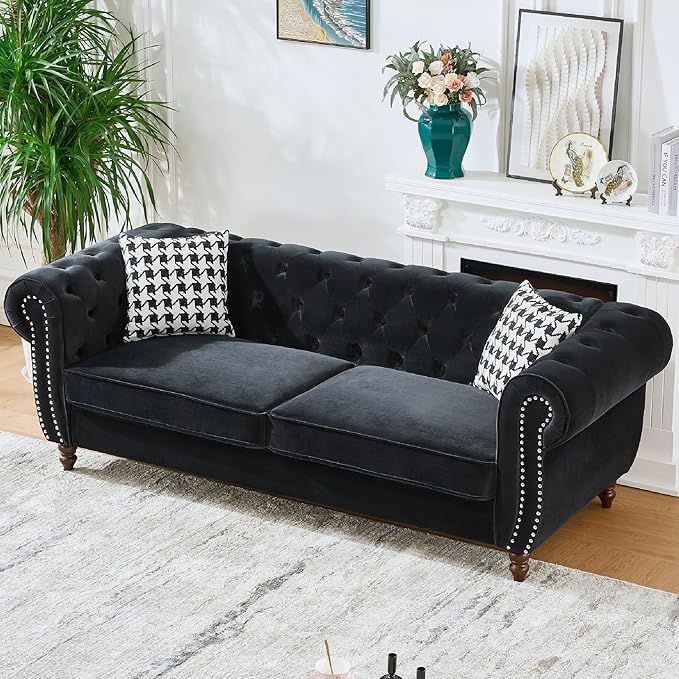 KEIKI Modular Chesterfield Velvet Sofa Couch Set Mid Century Modern 6 Seater Couches w/Roll Armrest &amp Nailhead Comfy Sleeper Cloud SofaBed for Office Apartment Living Room Easy Assembly Black