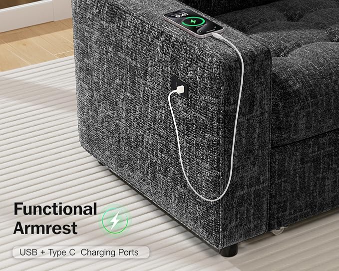 Vipbear Modular Sectional Sleeper Sofa Bed with Pull Out Bed/Reclining Backrest/USB Ports 5 Seat L Shaped Sectional Sleeper Couch Tool-Free Assembly Chenille Black
