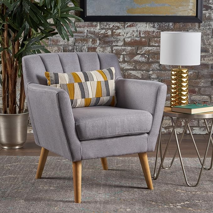 Mid-Century Accent Chairs Modern Upholstered Living Room Chair Cozy Armchair with Wood Legs for Bedroom/Office/Cafe/Living Room (Light Grey + Linen)