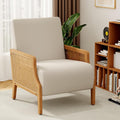 WENTMENT Modern Accent Chair Armchair with Natural Rattan Armrest Upholstered Living Room Chair Comfy Single Sofa Chair for Hosting Room/BedroomBeige