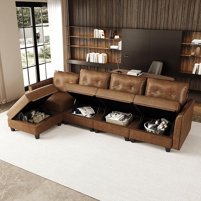LLappuil Modular Sectional Sofa Convertible L Shaped Couch with Storage Faux Leather Fabric Waterproof Sectional Couch for Living Room 111.8 Width 5 Seat Modular Sofa Brown