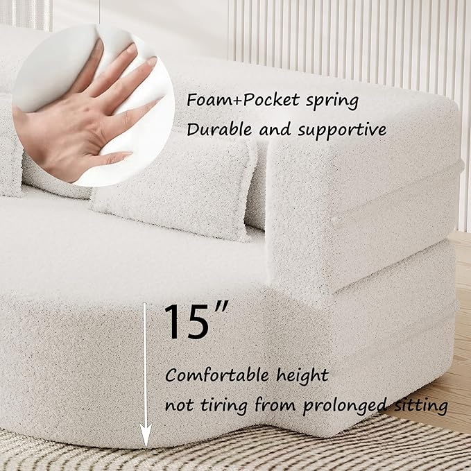 78” Floor Sleeper Sofa Bed Modern 2 in 1 Full Size Foldable Mattress with 2 Pillows Convertible Boneless Couch with Deep Seat for Living Room No Assembly Required (Beige &amp Teddy) | No Assembly