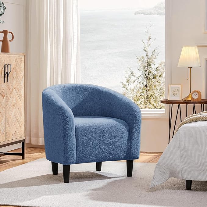 Yaheetech Accent Barrel Chair Boucle Fabric Club Chair Furry Sherpa Elegant Armchair with Cozy Soft Padded Suitable for Living Room Bedroom Reception Room Office Blue