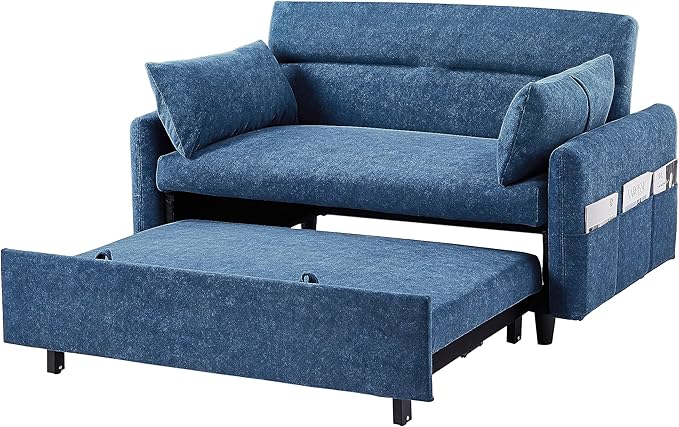 55.1 Pull Out Sofa Bed 2 Seater Loveseats Sofa Couch with Adjustable Backrest Storage Pockets 2 Soft Pillows Convertible Sleeper Sofa Bed for Living Room Bedroom Apartment Office (Blue 091)