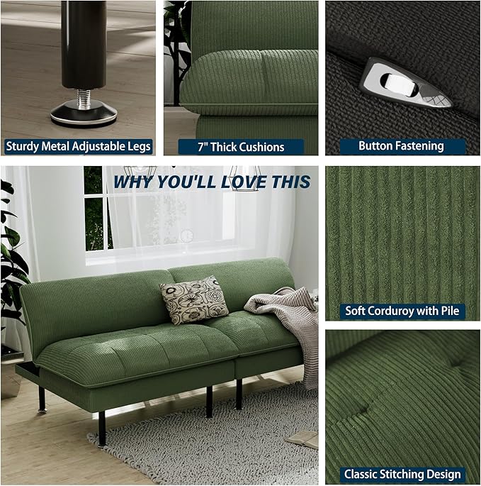 70 Futon Sofa Bed 4 in 1 Multi-Function Couch Sleeper with Adjustable Backrest Modern Convertible Futon Recliner Small Loveseat for Living Room Dorm Green