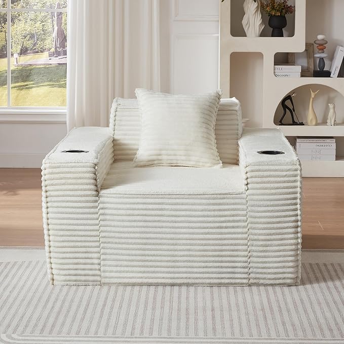Oversized Cloud Sofa 43'' Upholstered Corduroy Accent Chairs Boneless Floor Couch with Pillow &amp Armrests Comfy Lounge Reading Chair Living Room Chair No Assembly (White)
