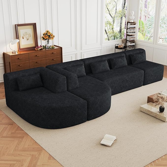 144 Upholstered Sofa Free-Combined Sofa Couch with Two Chaise Lounge and Five Back Pillows for Living Room (Black@50)