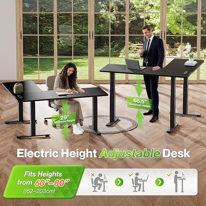 Huuger L Shaped Standing Desk with Power Outlets 63 x 55 Inch Height Adjustable Computer Desk for Bedroom Corner Stand up Desk for Home and Office Work and Study Black