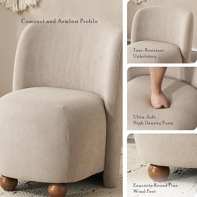 Modern Low Back Accent Chair Upholstered Armless Living Room Chairs Round Pine Wood Feet for Small Living Spaces Living Room Bedroom Balcony Office Reading Nook Khaki